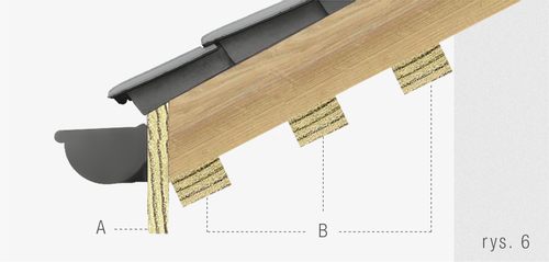 A soffit should be mounted to a supporting structure made of dry im­pregnated wooden battens with the minimum dimensions of 25 x 50 mm. The structure should be properly levelled. The maximum spac­ing of battens should not exceed 40 cm. It is recommended that soffit boards should be mounted perpendicularly to the wall surface. The in­stallation should be performed in the ambient temperature over 5°C. The BRYZA soffit should not be mounted in places exposed to direct sunlight. 5°C Minimum installation temperature A - face board B - wooden battens C - flashing D - J strip
